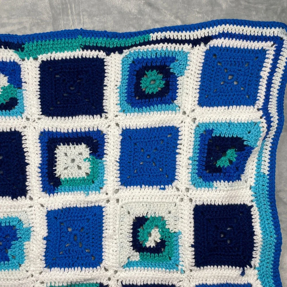 Handmade Granny Square Crochet Blanket Blue White Teal Throw Cozy 39 x 32